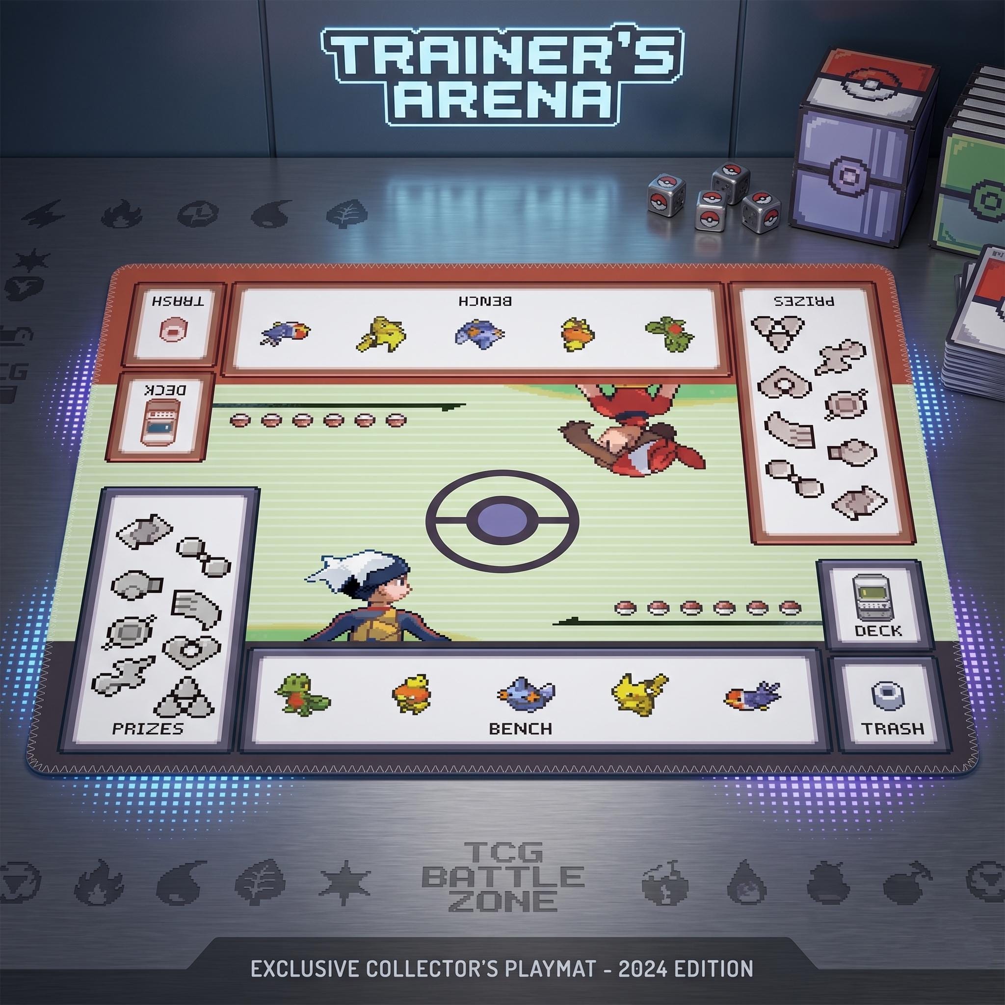 Pixel Pokemon Playmat Two Player | Custom Pixel Design Pokemon Mat 24 x 24 inches
