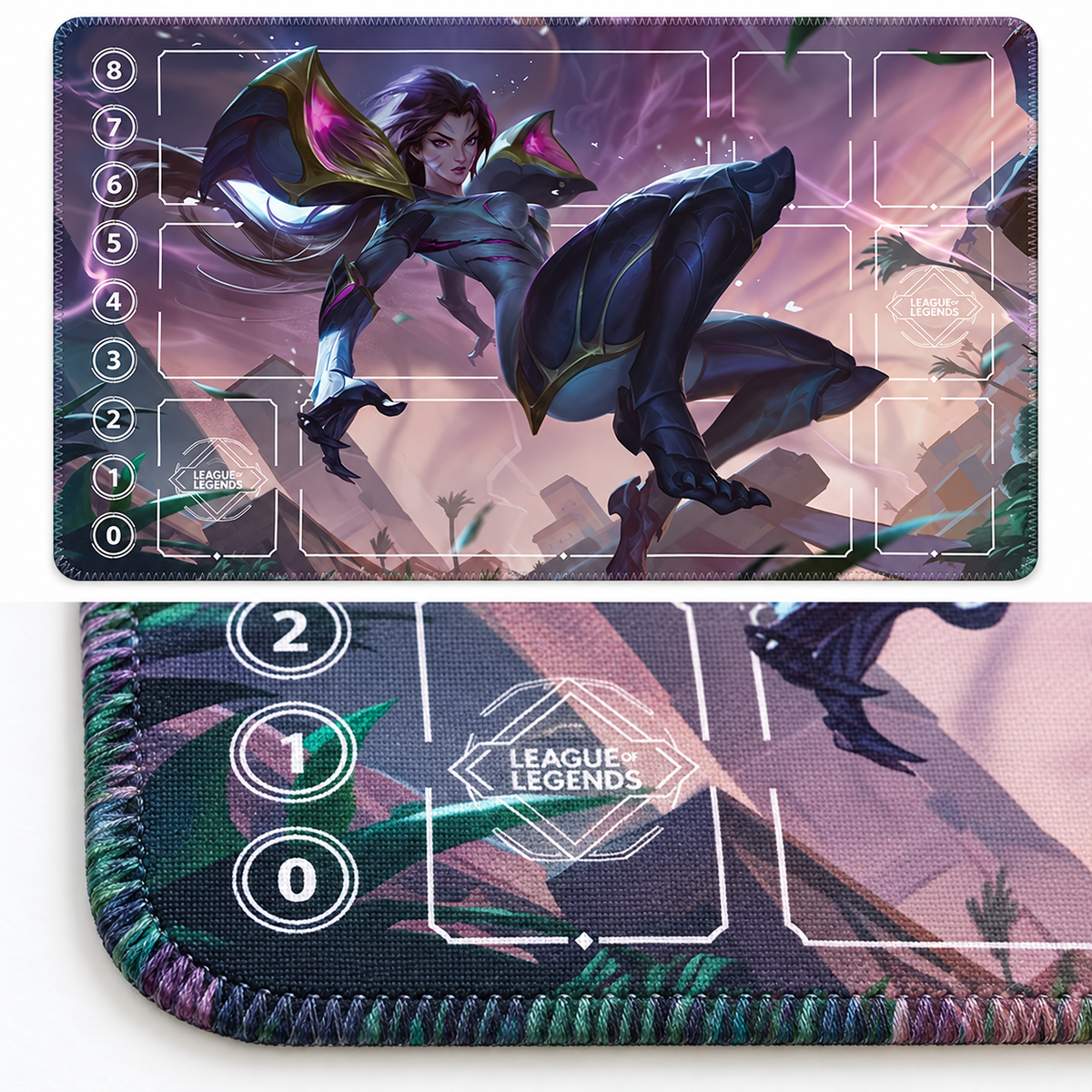 Kai'Sa Riftbound TCG playmat — artwork-colored stitched corner