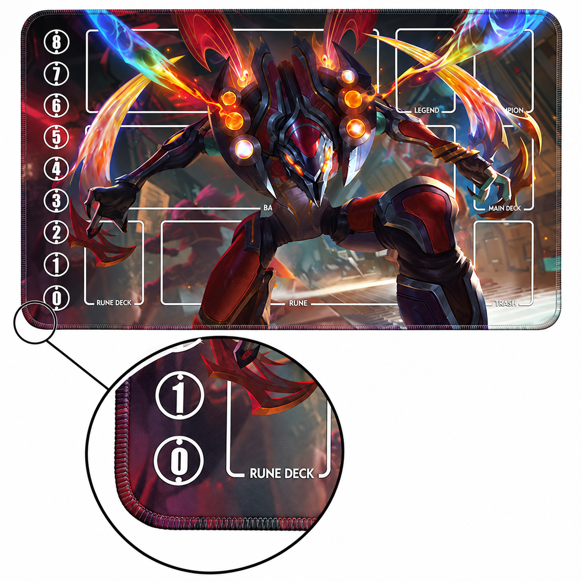 Mecha Kha'Zix Riftbound TCG playmat — artwork-colored stitched-edge close-up