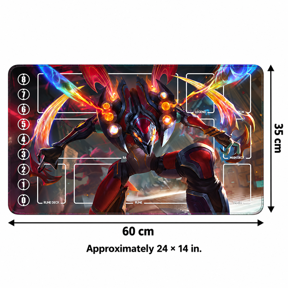 Mecha Kha'Zix Riftbound TCG playmat — 60 × 35 cm dimensions, approximately 24 × 14 inches