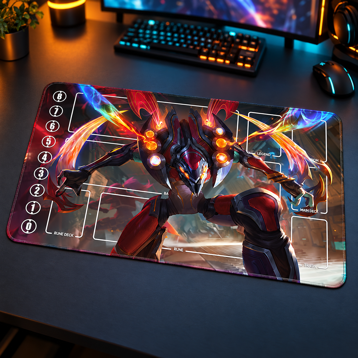 Mecha Kha'Zix Riftbound TCG playmat — angled gaming-desk view; accessories are props