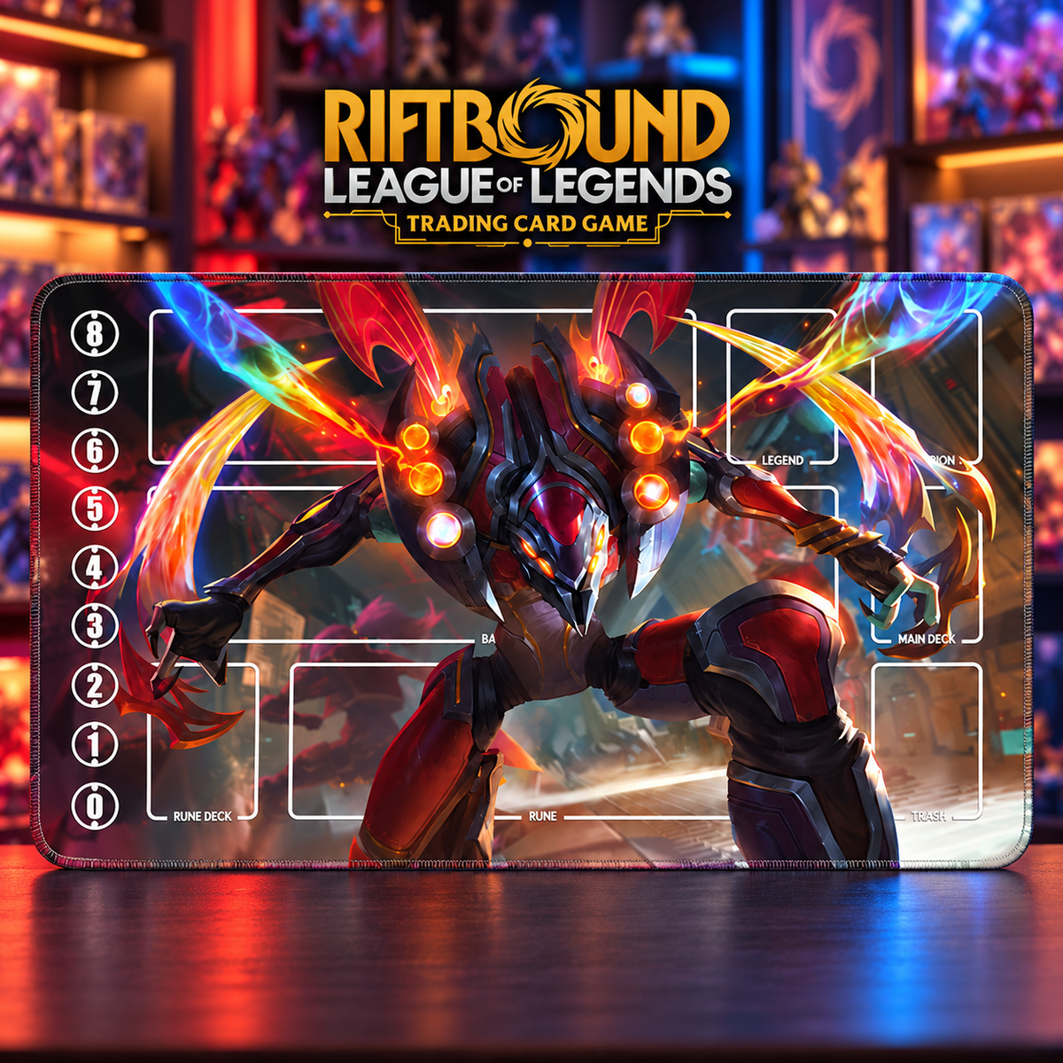 Mecha Kha'Zix Riftbound TCG playmat — upright centered hero with gold Riftbound game header