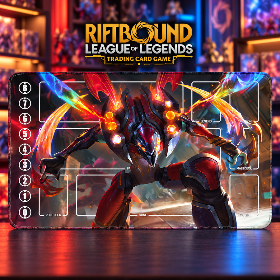 Mecha Kha'Zix Riftbound TCG playmat — upright centered hero with gold Riftbound game header