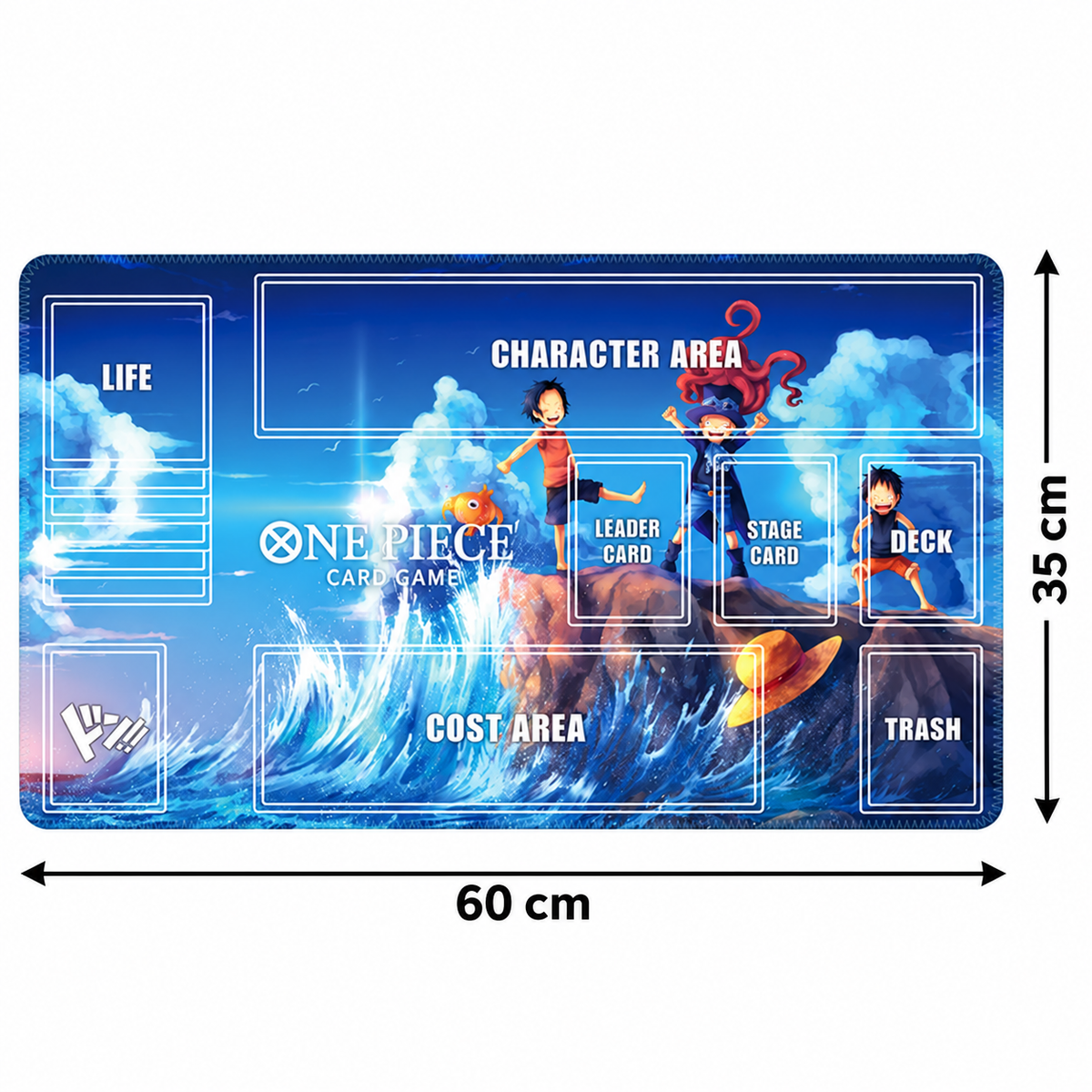 Luffy, Ace and Sabo One Piece playmat dimensions, 60 cm wide by 35 cm high