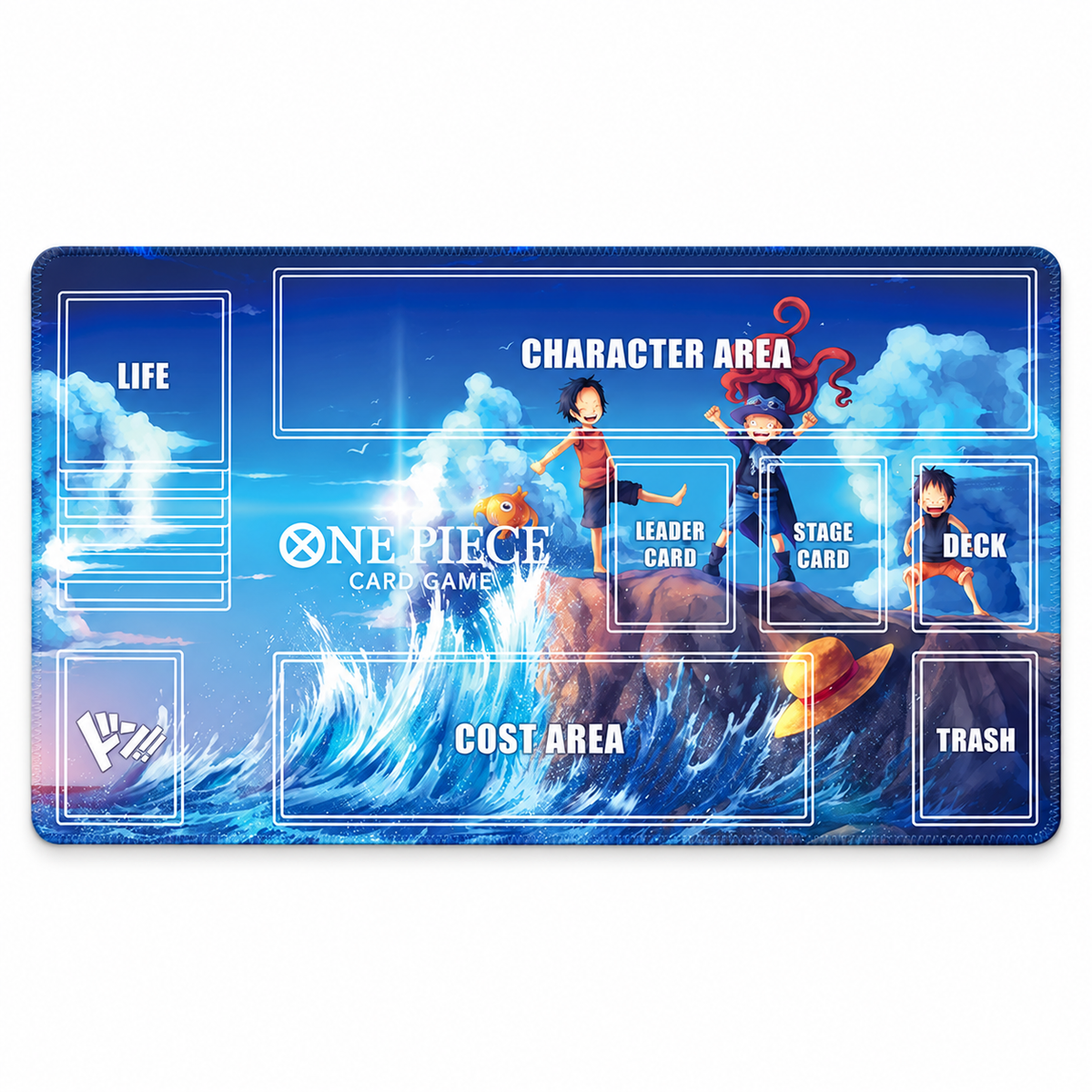 Luffy, Ace and Sabo One Piece zoned playmat, full mat on white background