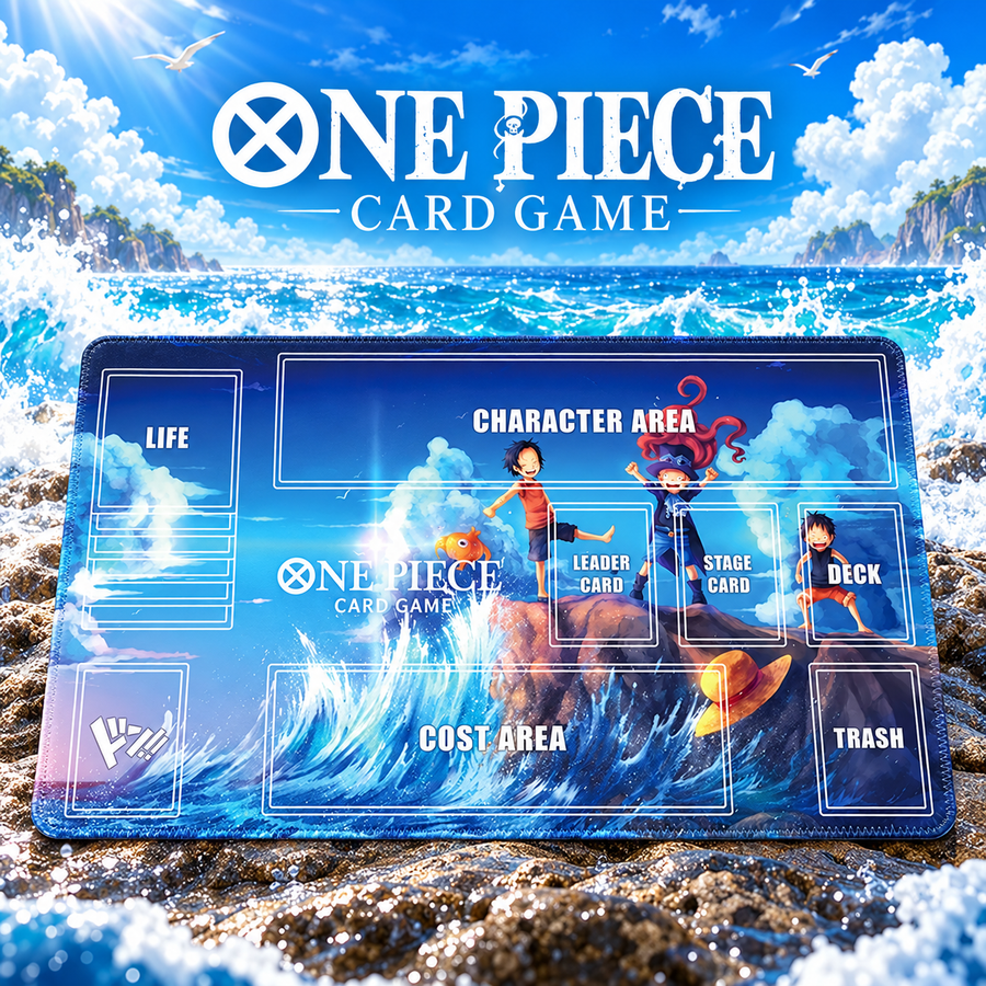 Luffy, Ace and Sabo Ocean Brotherhood One Piece playmat with zones and artwork-colored stitched edges, themed hero