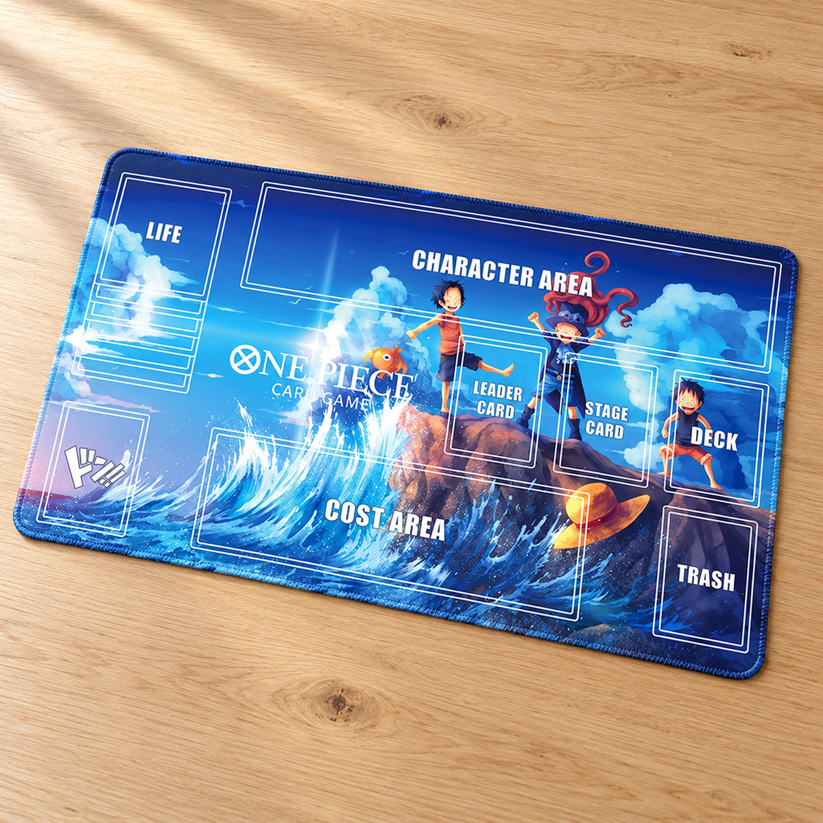 Angled tabletop view of Luffy, Ace and Sabo One Piece zoned playmat