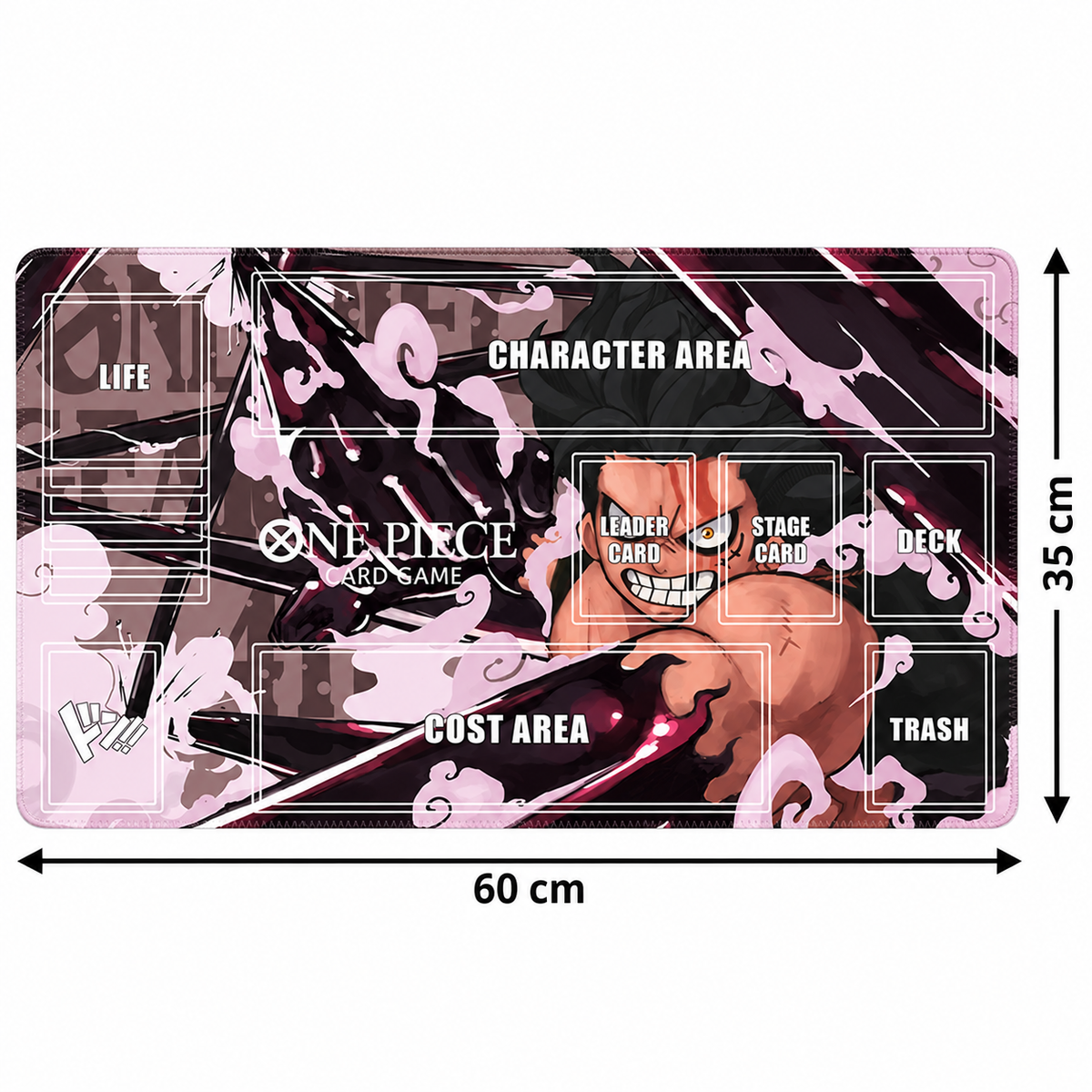 Luffy One Piece playmat dimensions, 60 cm wide and 35 cm high