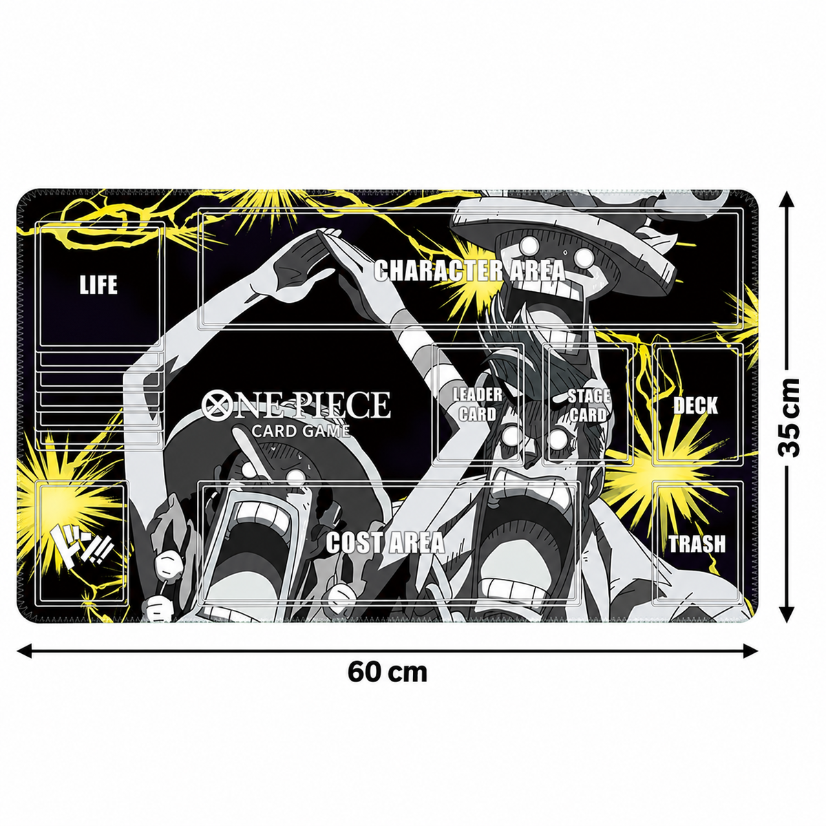 Luffy, Usopp and Chopper Shock Trio One Piece playmat dimensions, 60 cm wide by 35 cm high