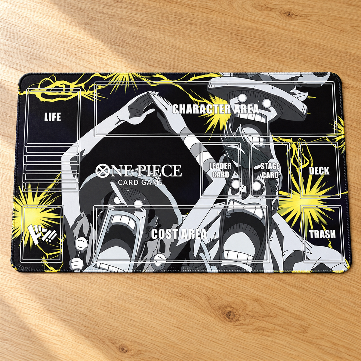 Angled tabletop view of Luffy, Usopp and Chopper Shock Trio One Piece zoned playmat