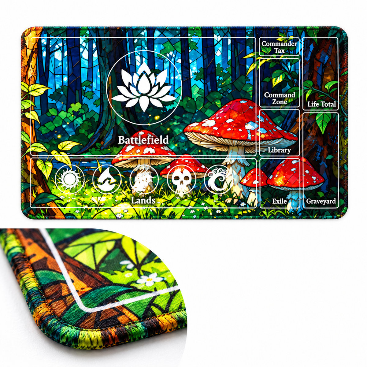 Mossy Woodland playmat corner showing artwork-colored stitching