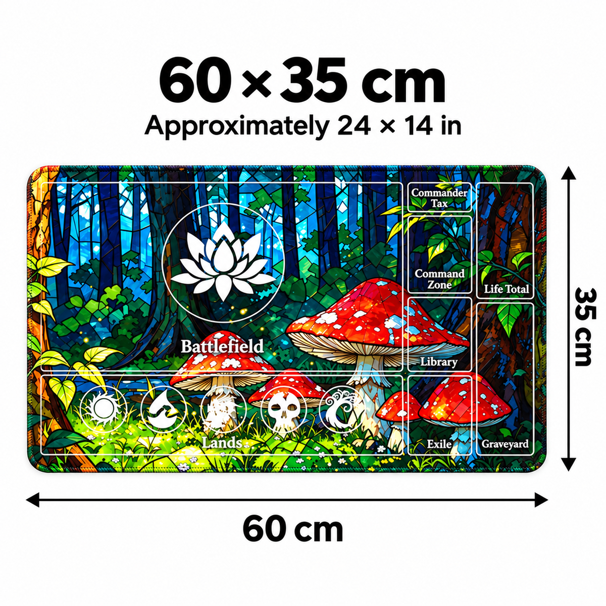 Mossy Woodland MTG playmat dimensions: 60 × 35 cm, approximately 24 × 14 inches