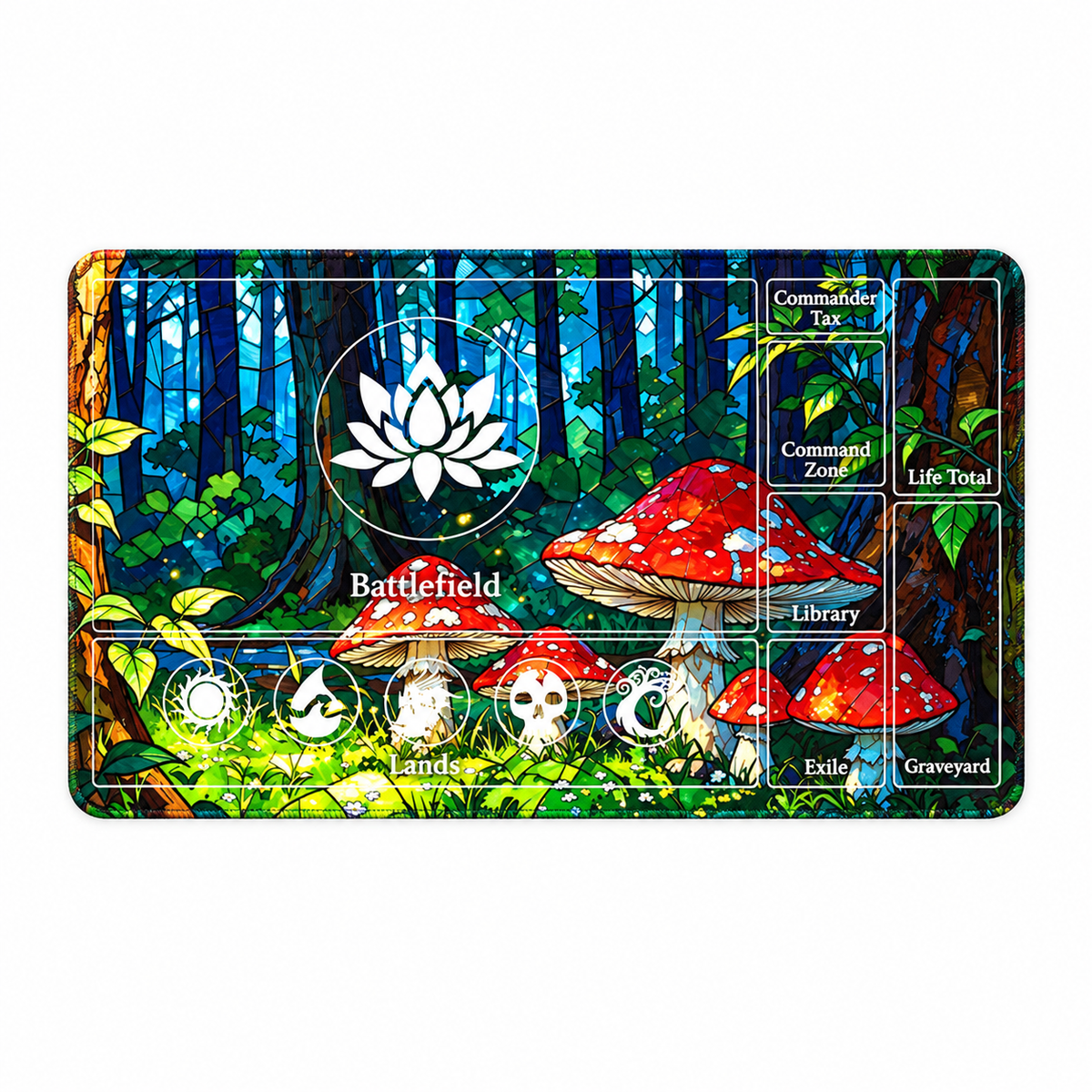 Mossy Woodland MTG playmat full view with supplied zones and symbols