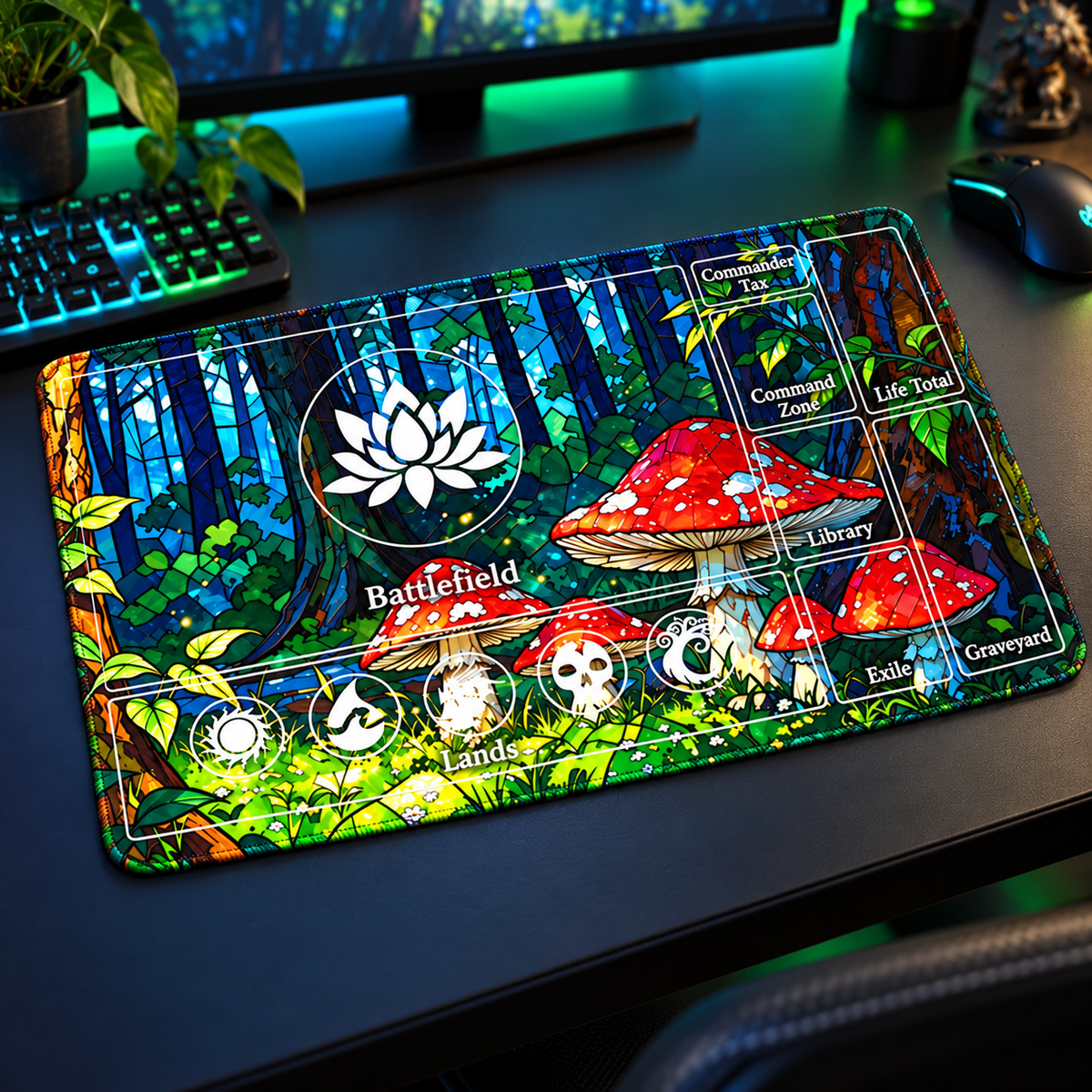 Mossy Woodland Magic: The Gathering playmat on a gamer desk with green and cyan ambient lighting