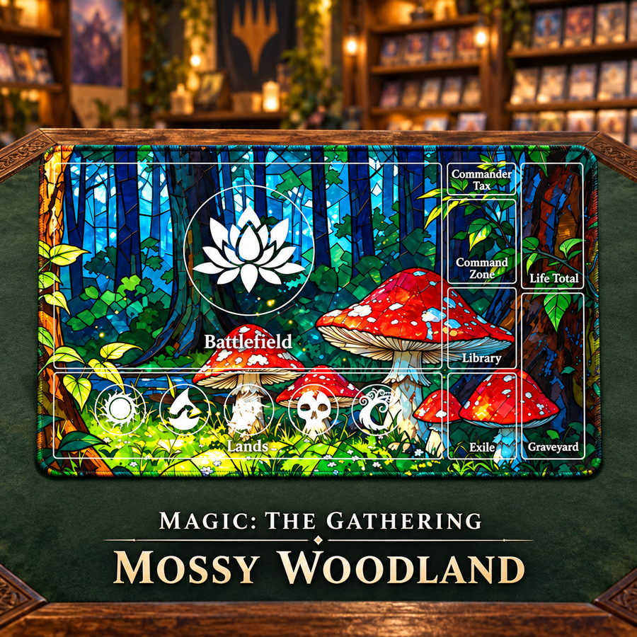 Mossy Woodland Magic: The Gathering playmat in a card-store setting