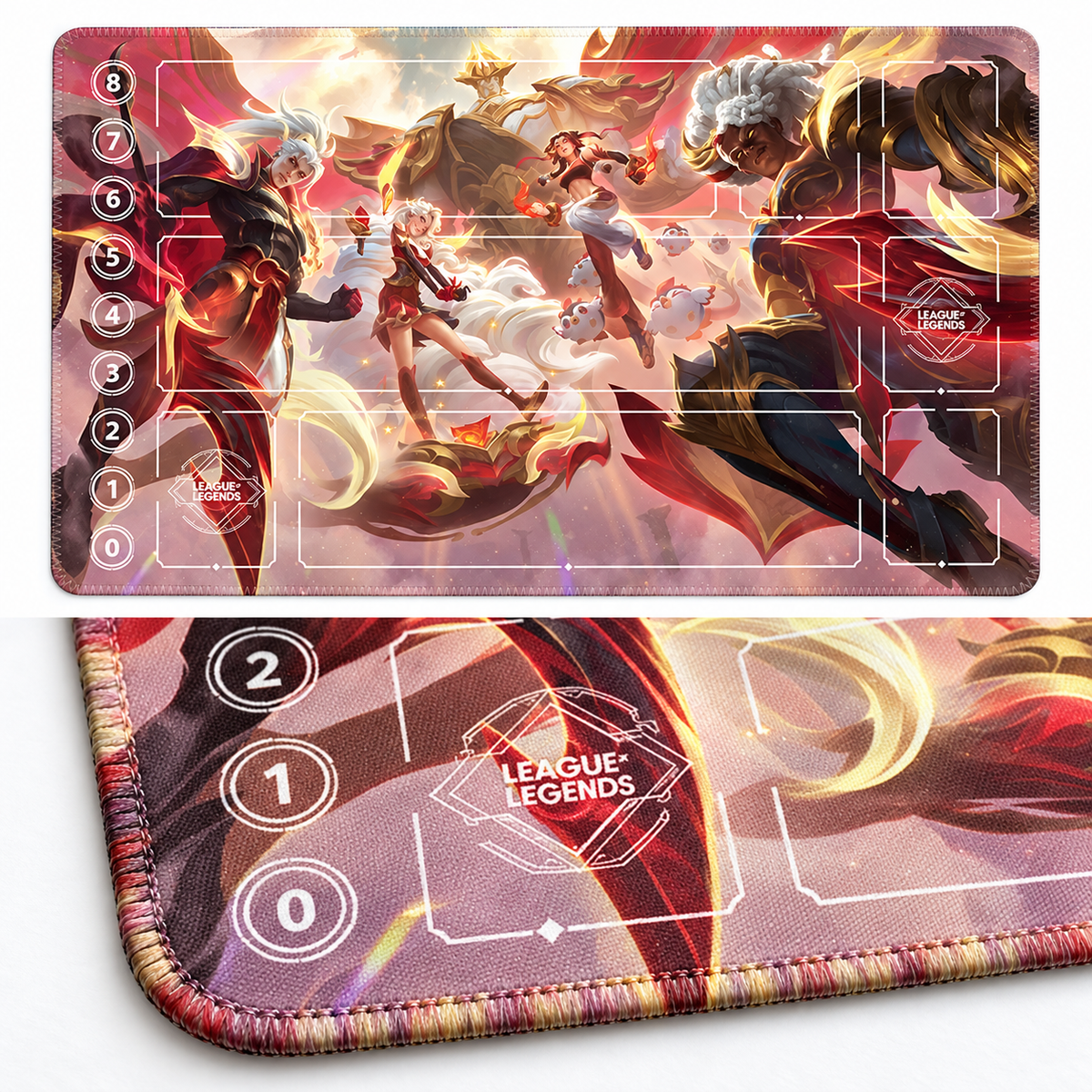 Mythmaker Riftbound TCG playmat — artwork-colored stitched corner