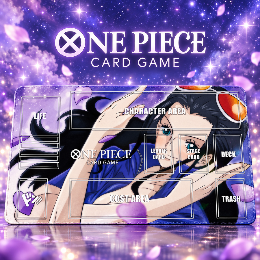 Nico Robin Violet Bloom One Piece zoned playmat with artwork-colored stitched edges, themed hero