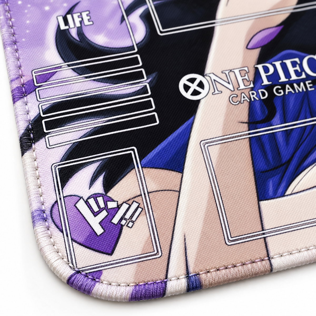 Nico Robin One Piece playmat close-up of artwork-colored stitched corner