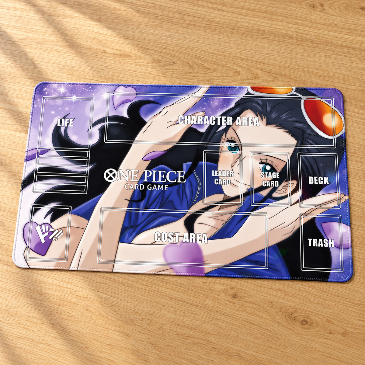 Nico Robin Violet Bloom One Piece zoned playmat on an oak tabletop