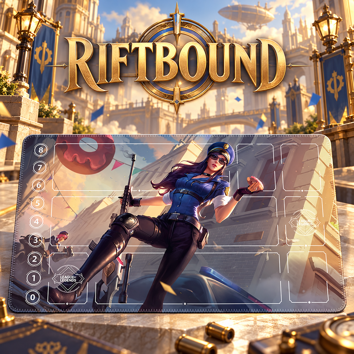 Officer Caitlyn Riftbound Zone playmat, themed hero with Riftbound heading