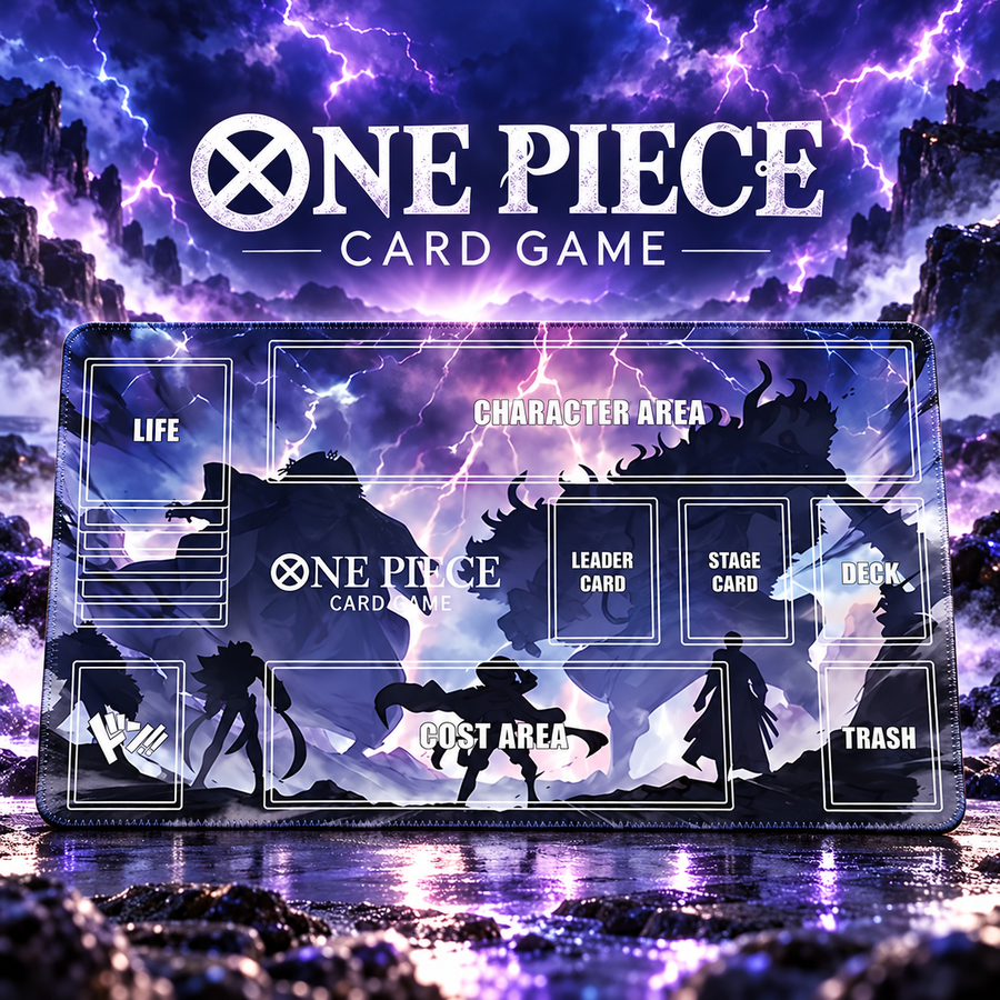 One Piece Lightning Clash playmat hero with game heading and artwork-colored stitched edges