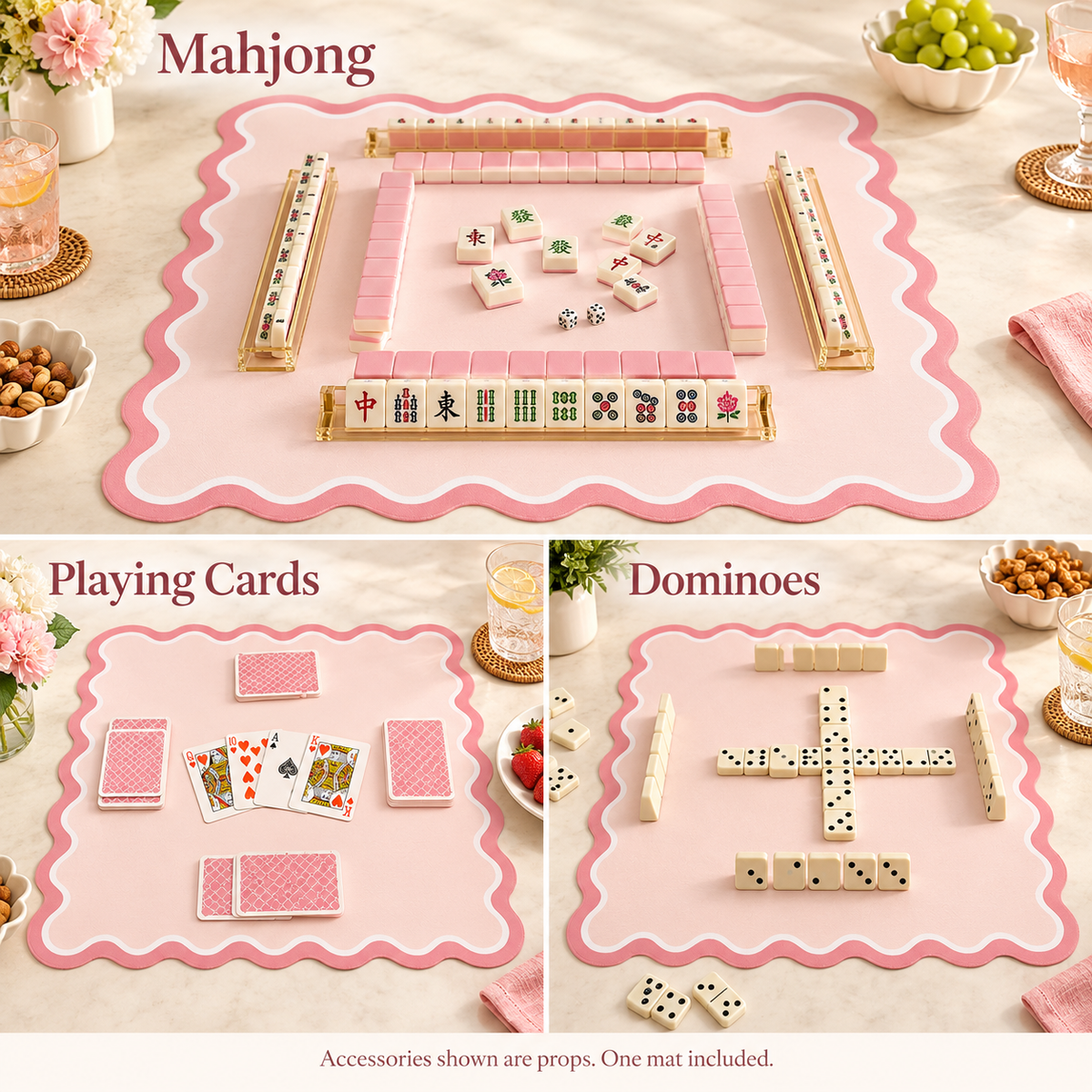 Pink Ribbon Scallop mat with mahjong, playing cards and dominoes; accessories not included