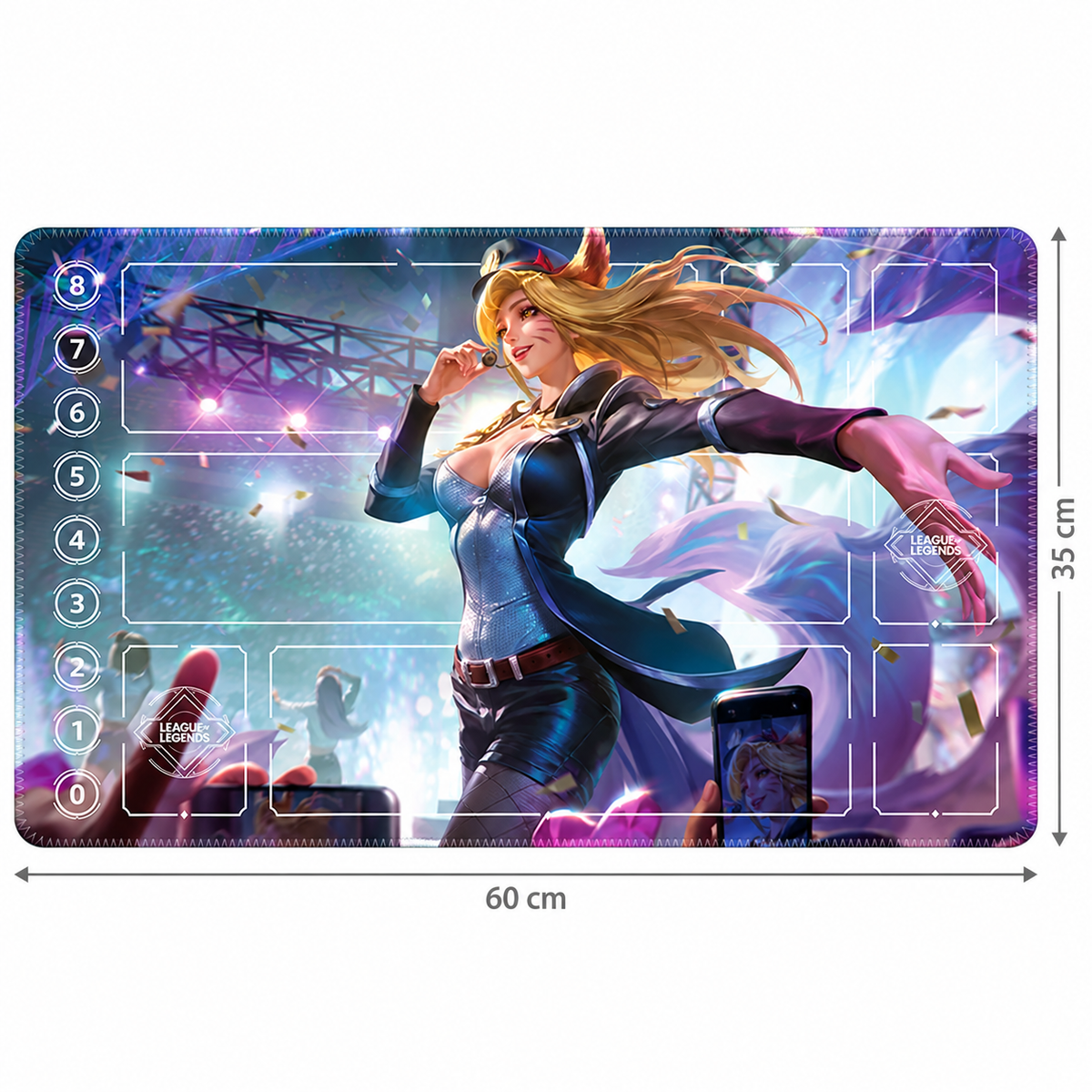 Popstar Ahri Riftbound Zone playmat, 60 cm by 35 cm dimensions