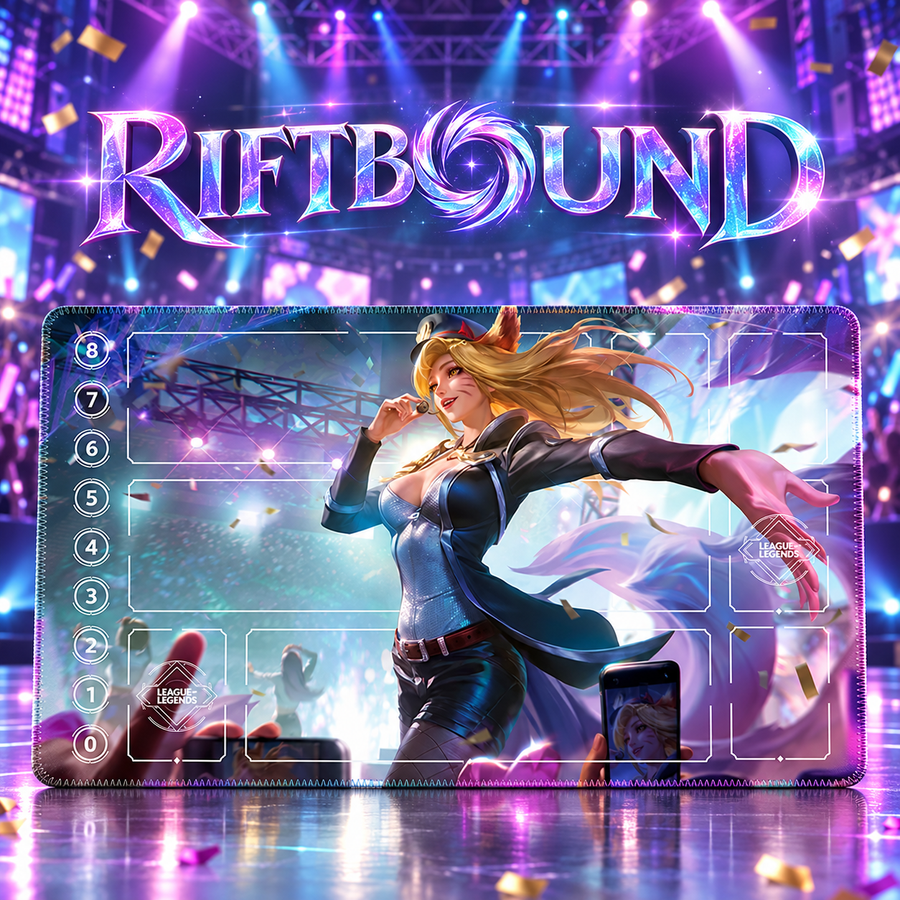 Popstar Ahri Riftbound Zone playmat, themed hero with Riftbound heading