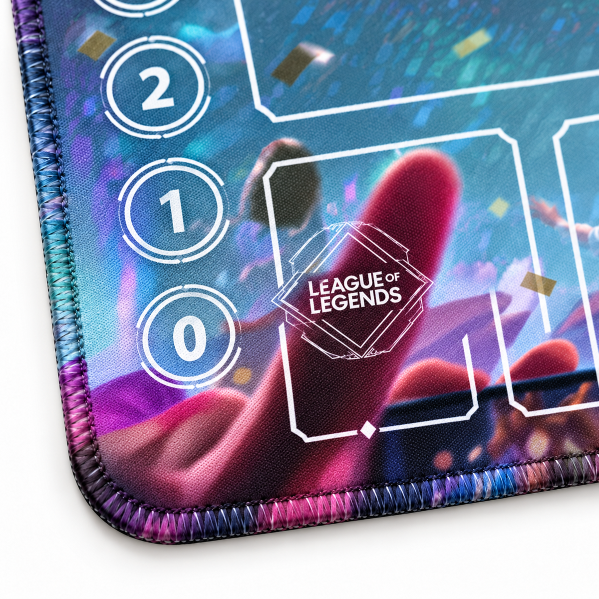 Popstar Ahri Riftbound Zone playmat, artwork-colored stitched-edge detail