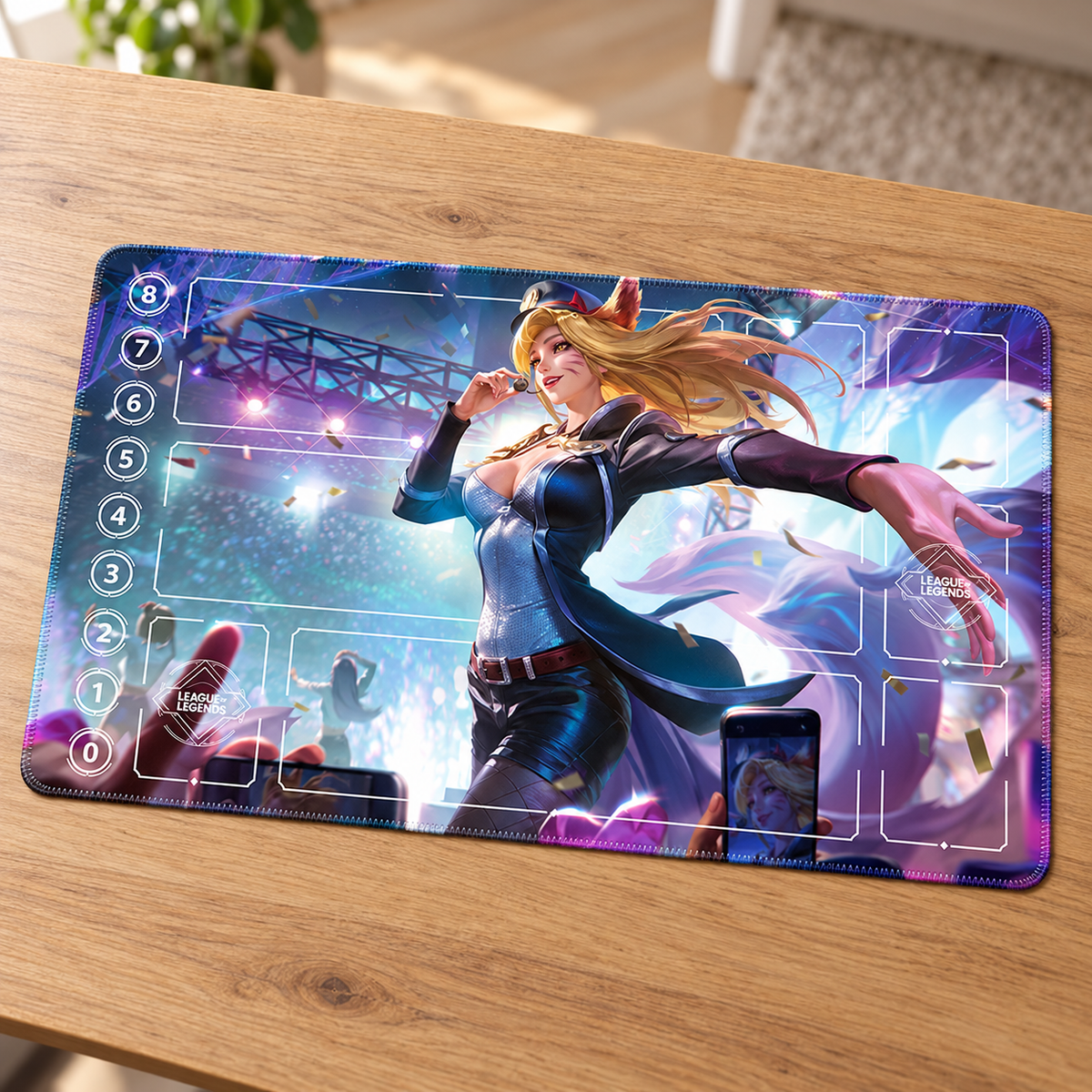 Popstar Ahri Riftbound Zone playmat, angled tabletop view