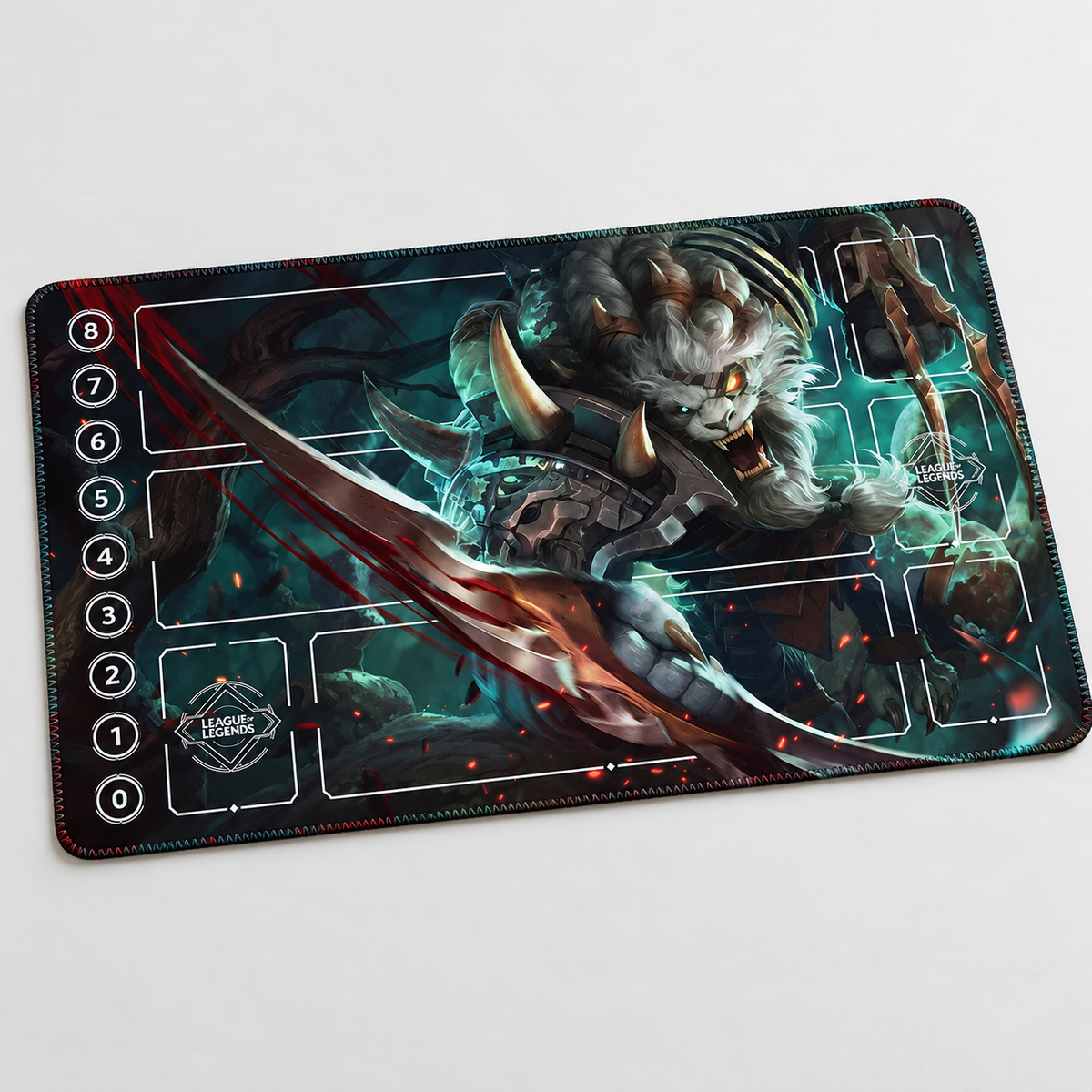 Rengar Riftbound playmat angled view with artwork-matched stitched edges