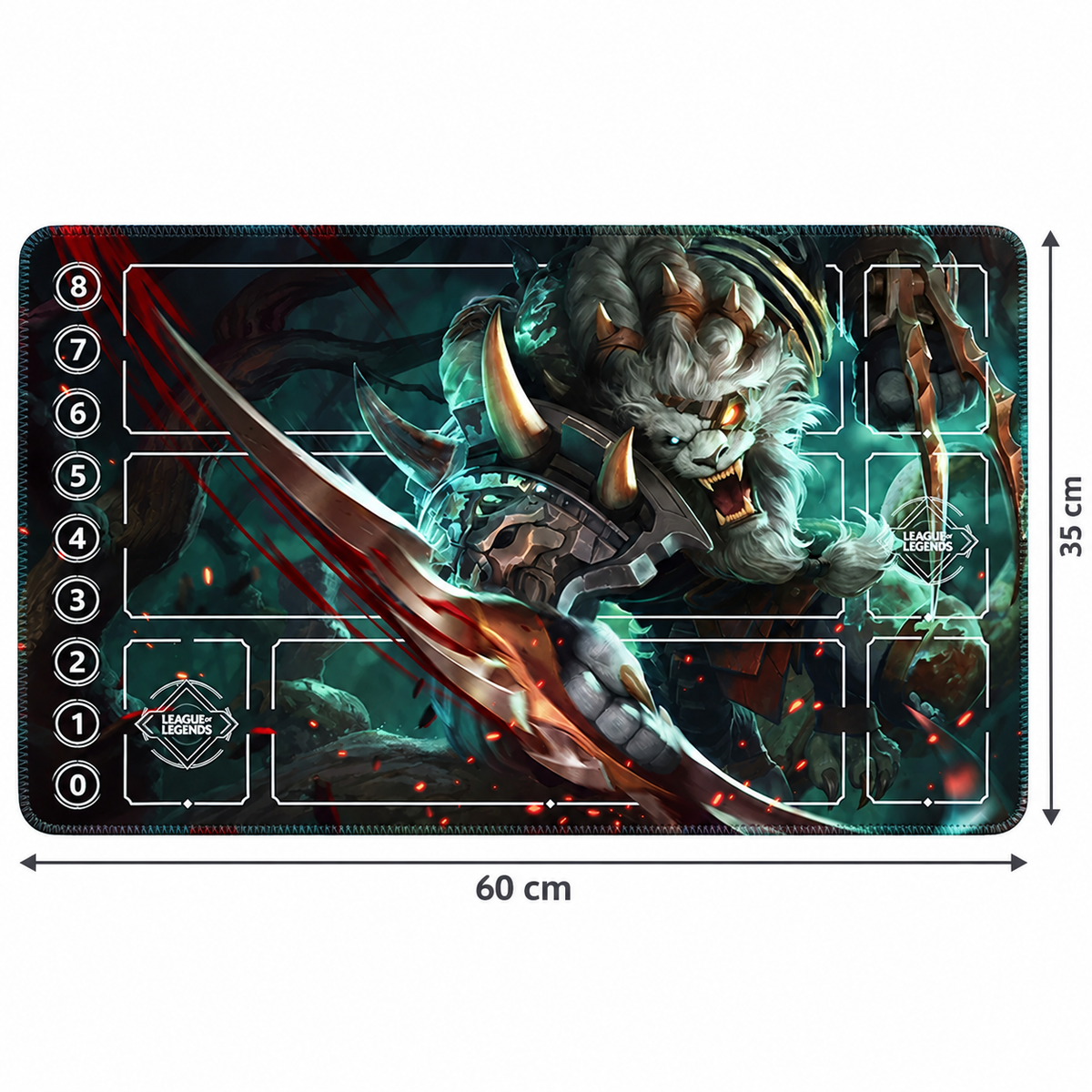 Rengar Riftbound playmat dimensions with artwork-matched stitched edges