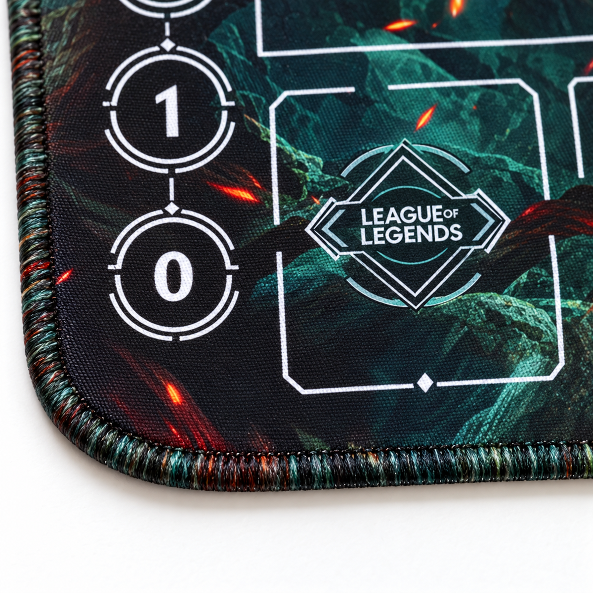 Rengar Riftbound playmat edge detail with artwork-matched stitched edges