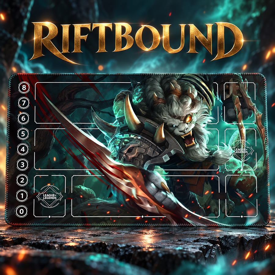 Rengar Riftbound playmat hero with artwork-matched stitched edges