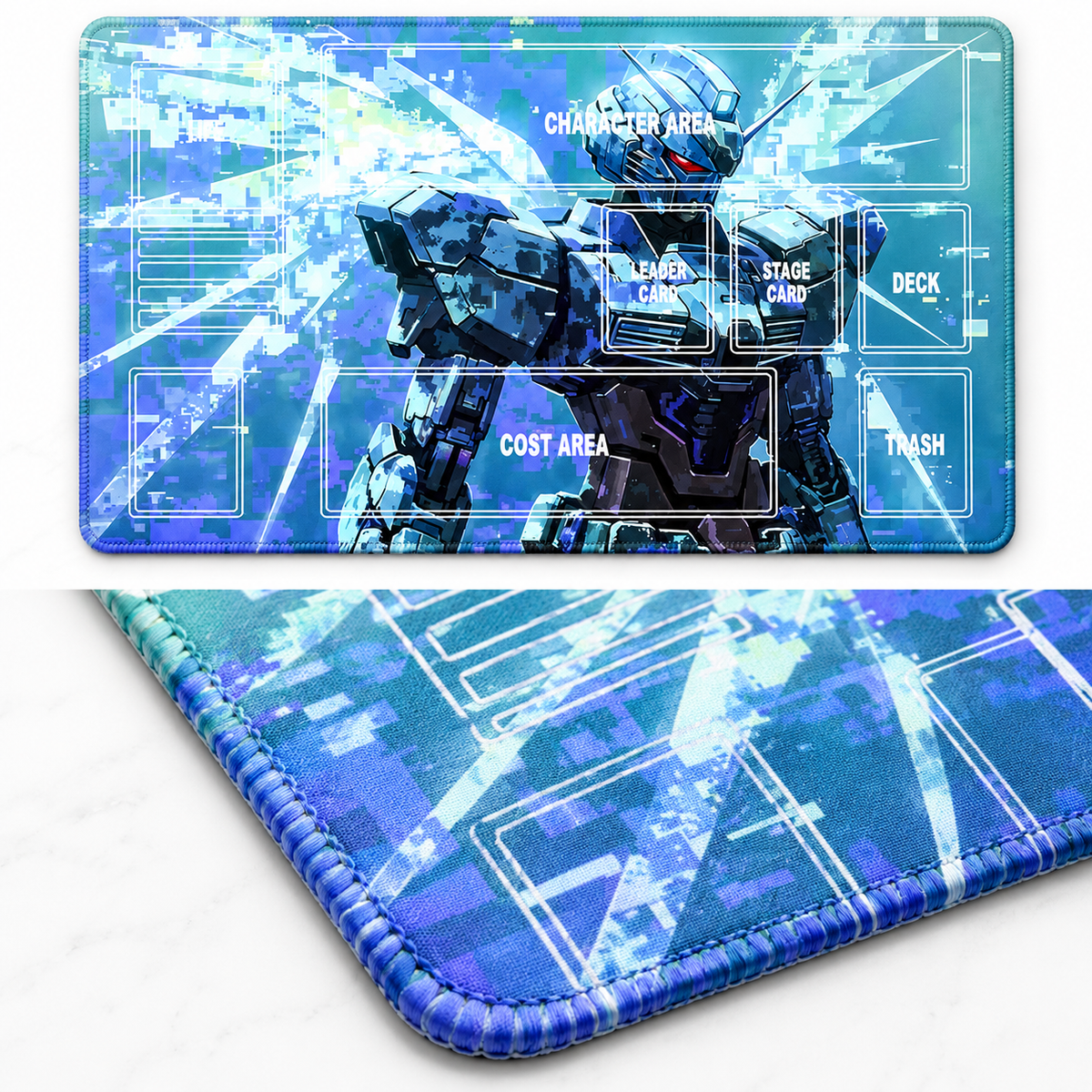 RX-0 Unicorn playmat stitching close-up with artwork colors continuing across the threads