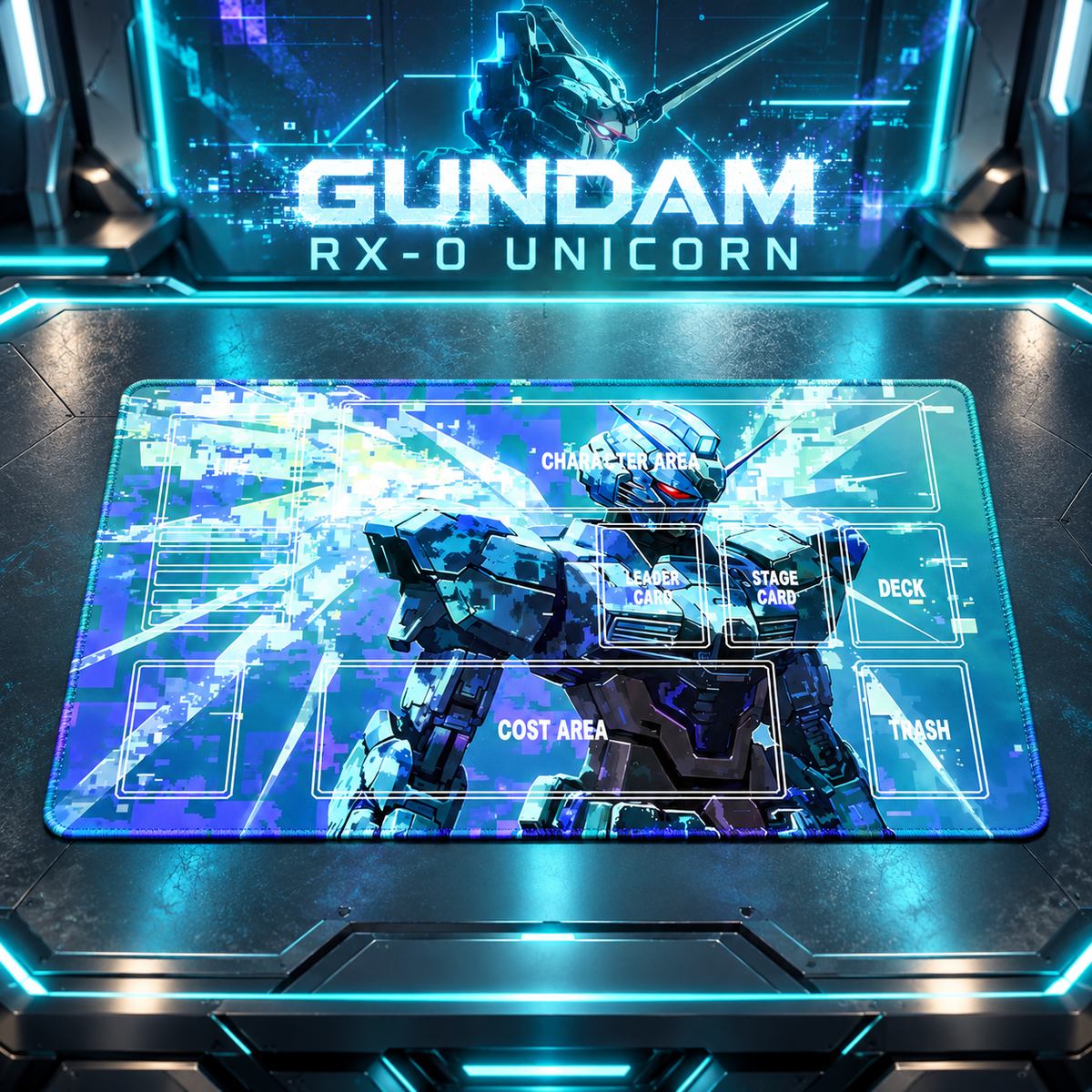 RX-0 Unicorn Gundam Digital Burst playmat on a themed gaming table