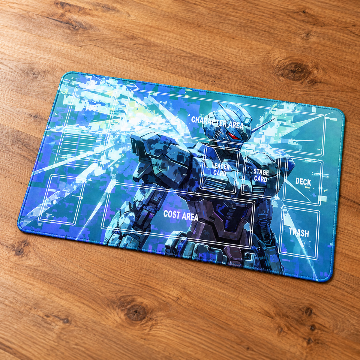 RX-0 Unicorn Gundam Digital Burst playmat angled on a wood tabletop