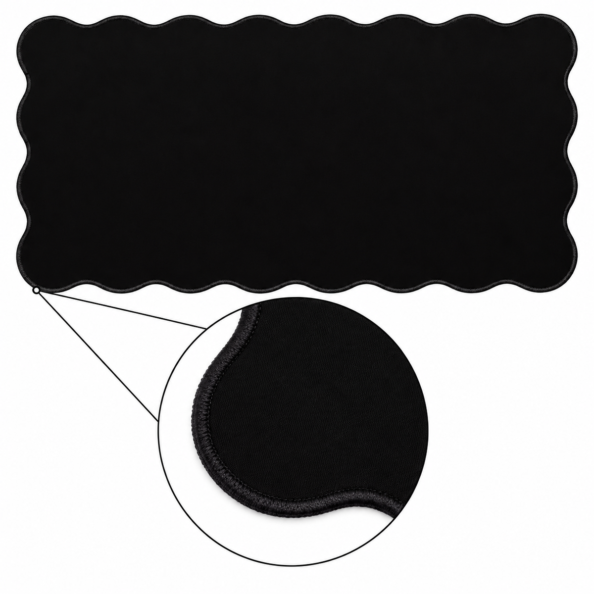 The Sleek Black Wave Pad scalloped desk mat — matching stitched-edge close-up