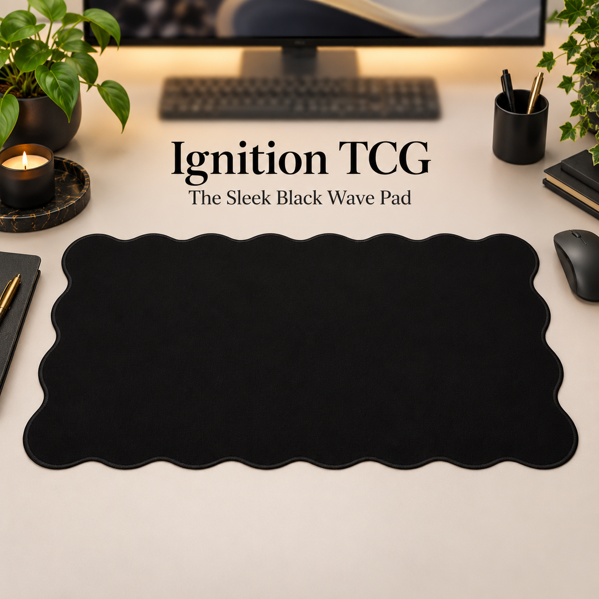 The Sleek Black Wave Pad scalloped desk mat — styled desk hero; accessories are props