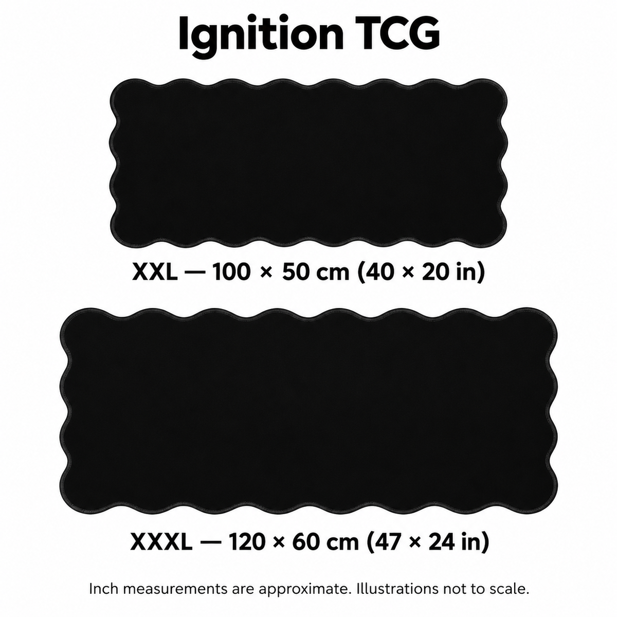 The Sleek Black Wave Pad scalloped desk mat — XXL and XXXL sizes, exact centimeters and approximate inches; illustrations not to scale