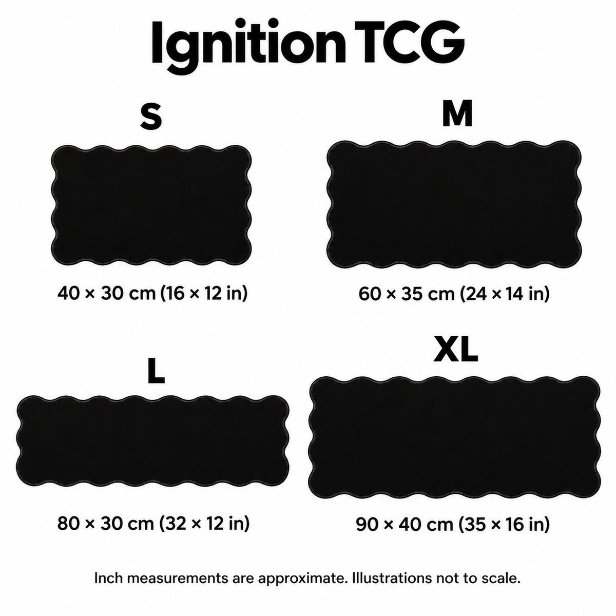 The Sleek Black Wave Pad scalloped desk mat — S to XL sizes, exact centimeters and approximate inches; illustrations not to scale