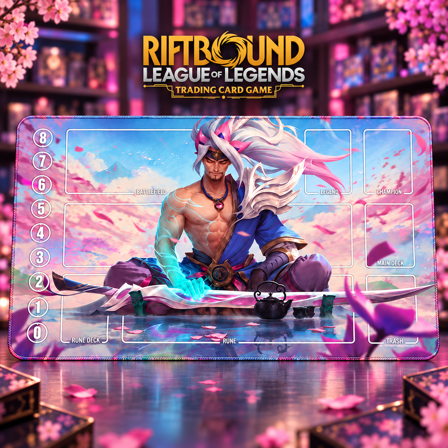 Spirit Blossom Yasuo Tea Garden Riftbound TCG playmat — centered upright hero with gold Riftbound, League of Legends and Trading Card Game header