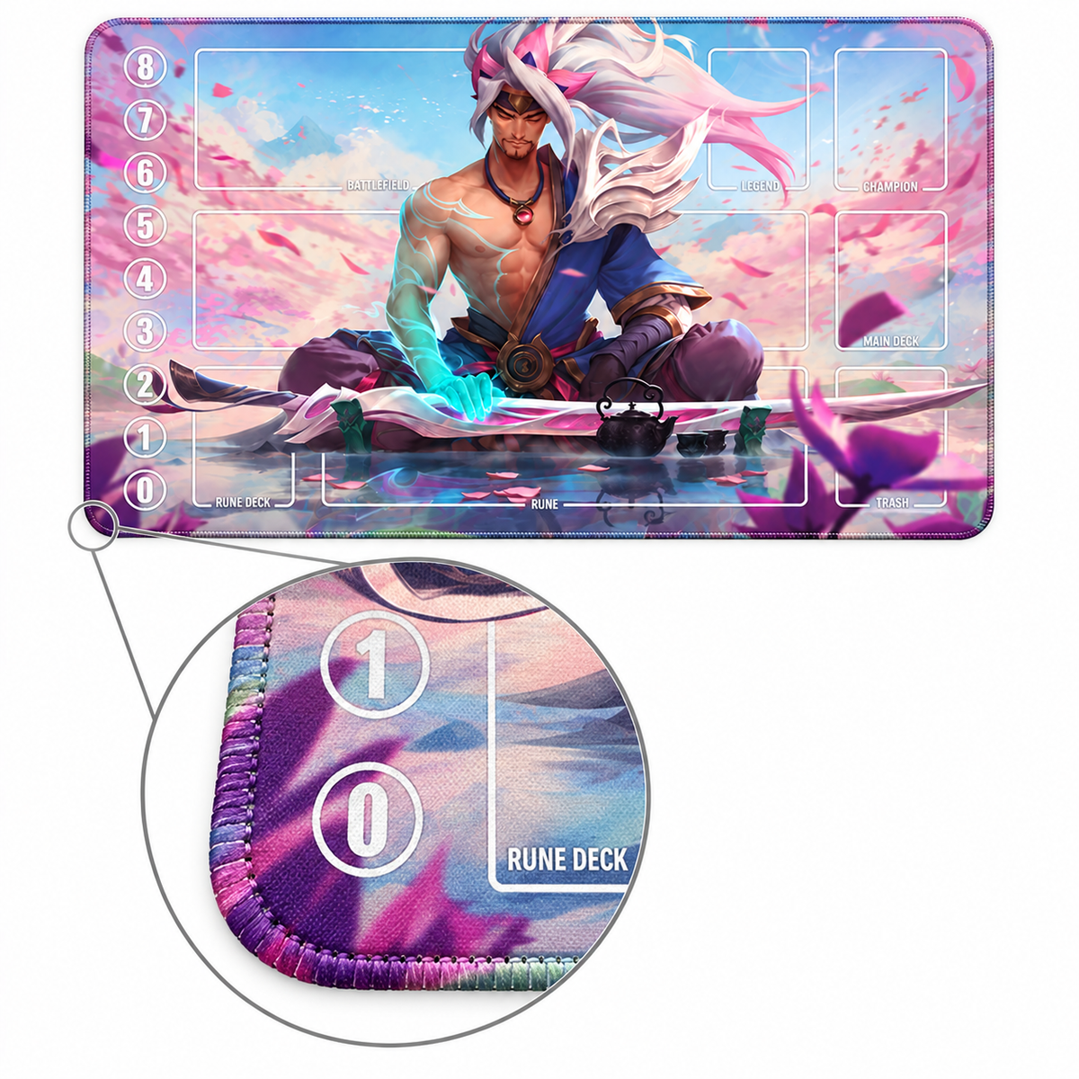 Spirit Blossom Yasuo Tea Garden Riftbound TCG playmat — artwork-colored stitched-edge detail