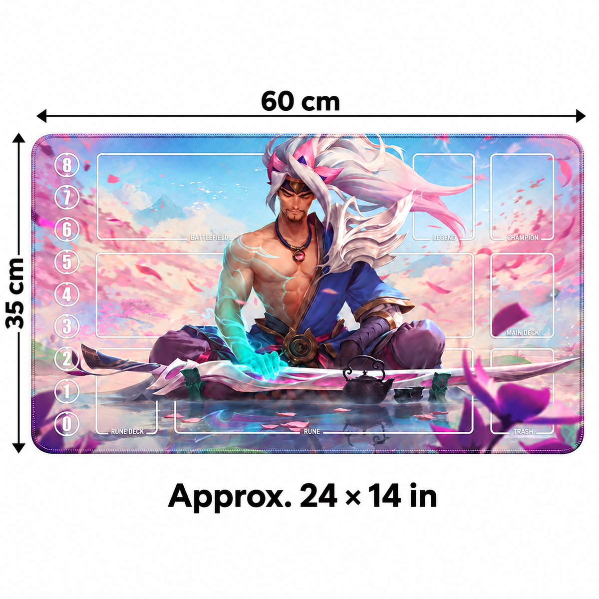 Spirit Blossom Yasuo Tea Garden Riftbound TCG playmat — 60 × 35 cm dimensions, approximately 24 × 14 inches