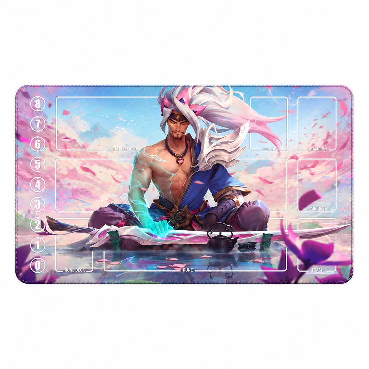 Spirit Blossom Yasuo Tea Garden Riftbound TCG playmat — full Zone design on white