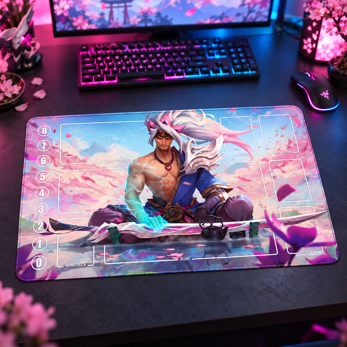 Spirit Blossom Yasuo Tea Garden Riftbound TCG playmat — angled pink and blue RGB gaming-desk view; accessories are props