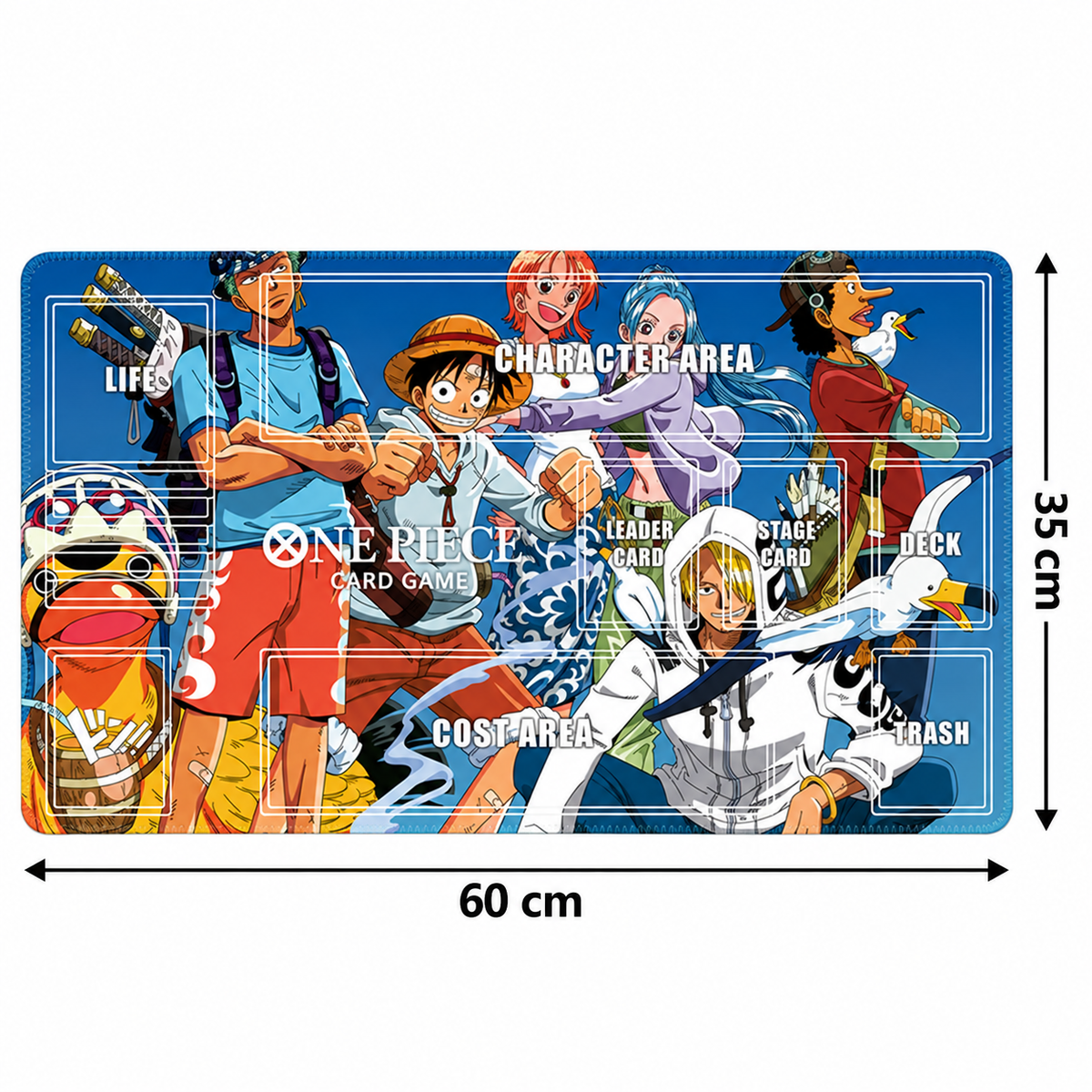 Straw Hat Pirates One Piece playmat dimensions, 60 cm wide and 35 cm high