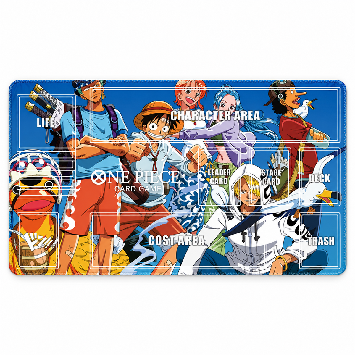 Straw Hat Pirates Blue Voyage One Piece Zone playmat, full design on white