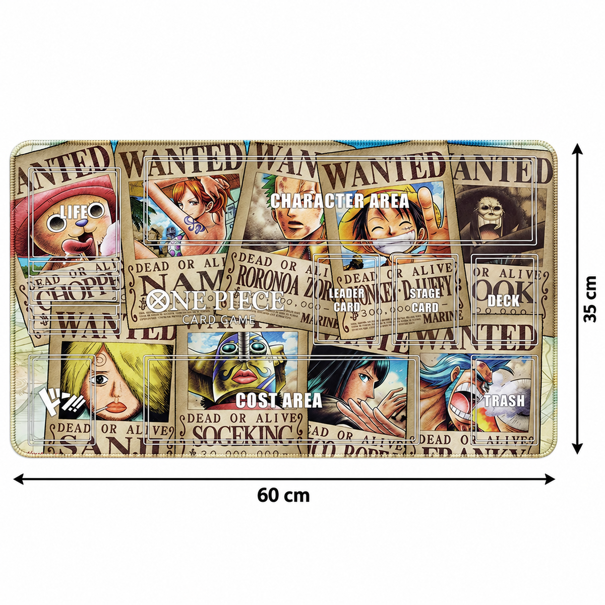 Straw Hat Pirates Wanted Posters One Piece playmat dimensions, 60 cm wide by 35 cm high