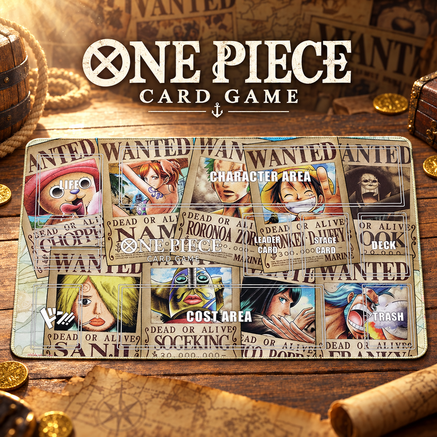 Straw Hat Pirates Wanted Posters One Piece zoned playmat with artwork-colored stitched edges, themed hero